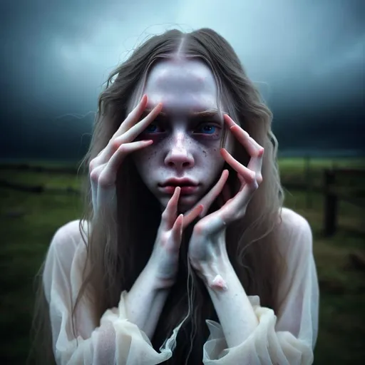 Prompt: An uncanny photograph of a beautiful pale young woman, stormy long hair, transparent skin, devastated, sad and crying face,  weird proportions, long knotty fingers, very big eyes, cinematic lighting, outside, blurry background, fog in background, dense darkgray rainclouds, very dark background 