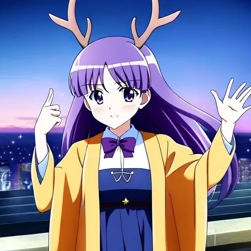 Prompt: anime girl with star shaped freckles with long straight purple hair with deer antlers posing at a cliff overlooking the city with a stary night sky