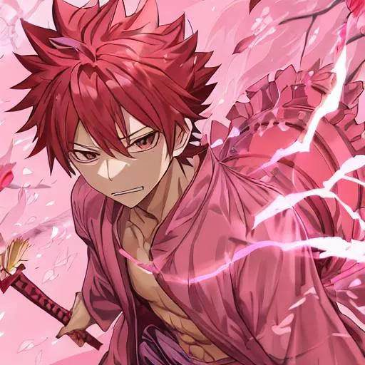 Prompt: Natsu Dragneel samurai in light pink baggy robes with an open chest