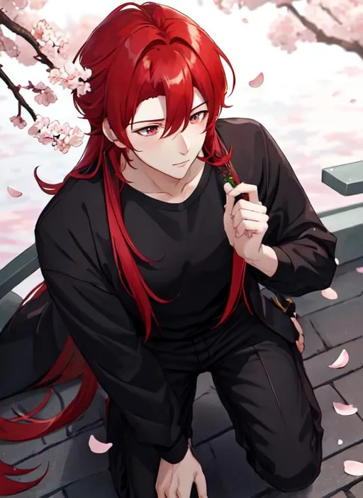 Prompt: Zerif 1male (Red side-swept hair covering his right eye) 8K, UHD, best quality, under the cherryblossom trees, wearing a casual outfit, red hair, on one knee proposing, holding a bouquet of flowers, blushing, looking away nervously