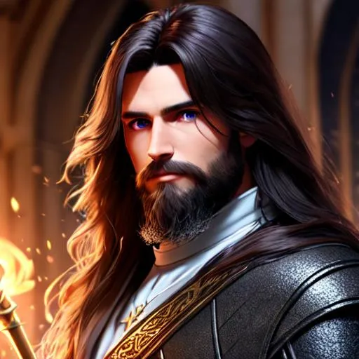 Prompt: D&d male mage, church, no armor, long hair, short beard, professional, render, Sharp focus, HD, UHD, HDR, hyperrealistic 