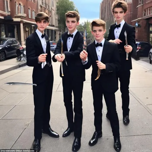 Prompt: Attractive 16 year old boys in a tuxedos walking down the street down town holding their magic wands. One of them is pointing his wand at a car casting a sparkly magic spell on it