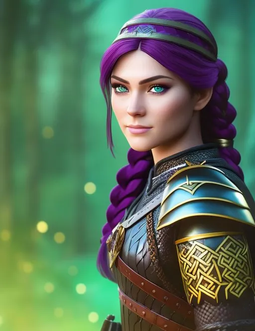 Prompt: create most beautiful fictional female viking warrior, she has dark purple hair, black gear, gold armor, dark purple hair, light blue eyes, subtle smile, one braid, extremely detailed environment, detailed background, intricate, detailed skin, professionally color graded, photorealism, 8k, moody lighting