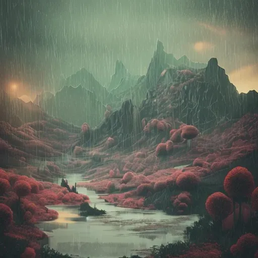 Prompt: Persephone concept landscape in vintage with rainy vibe