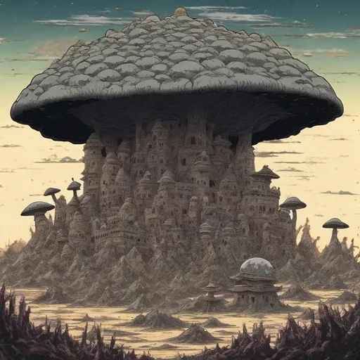Prompt: There's a giant black rotting mushroom in the middle of a desert, on top of this mushroom is built an ancient japanese castle, Hayao Miyazaki art style, dark tones