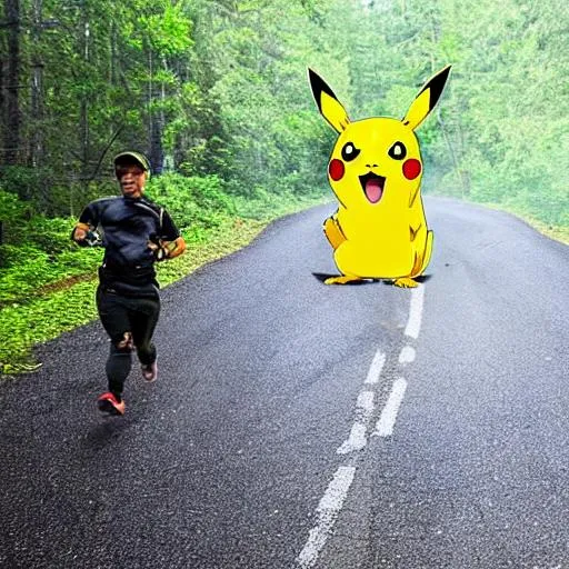 Prompt: Pikachu pikachu pikachu, pikachu with a scary face. Creeping in the forest with his trainer Ash holding a can of mace. What a race, what a race, keeping pace