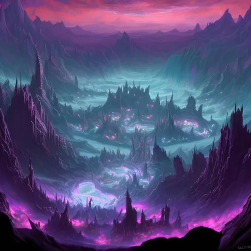 Prompt: Mystical elven city overlooking a vast crevasse which in circles a den of dragons purple and glowing in color. 