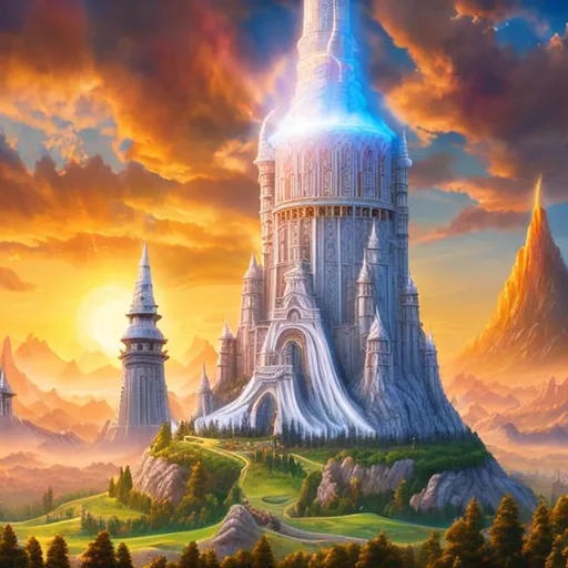 Prompt: Imperial Tower of wizards, multiple grand towers topped by wizard statues, bone white, sculpted, holy brilliant dawn environment, sun in background, in the style of roman fresco, 4k, photorealistic
