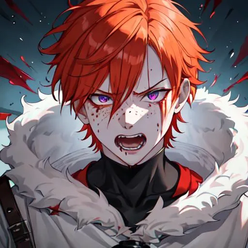 Prompt: Erikku male adult (short ginger hair, freckles, right eye blue left eye purple) UHD, 8K, Highly detailed, insane detail, best quality, high quality, covered in blood, covering his face with his hand, wide eyes, insane, fear, threatening, laughing, angry, fighting, psychopathic, anime style