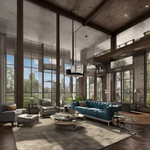 Prompt: Create a 4k, HD, ultra realistic, modern architecture, indoor room, focusing on a luxury furniture in a jewel tone. Gem tone colors. Large windows. HDR, UHD, hi-res. Modern theme.