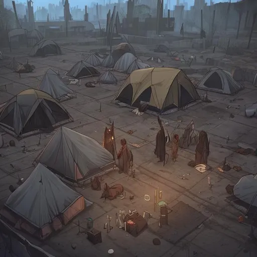 Prompt: Modern, Homeless people, Tent City, Human Sacrifice, Ritual, demonic occultist, demons