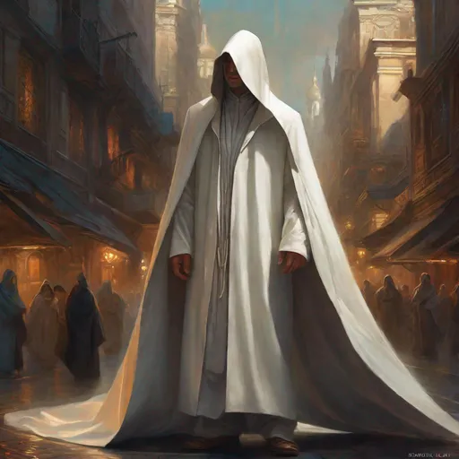 Prompt: Three-quarters portrait, evil lowly faceless priest dressed in white robes, deep hood, dark energy under hood, face-less, dark spot for face, dark energy under cloak, swirling black magic, fantasy, highly detailed, digital painting, steampunk city, in the streets, big crowd, art by Stanley Lau and Artgerm and magali villeneuve and Alphonse Mucha, artstation, octane render, cgsociety, HDR, UHD, 64k, best quality, best quality, masterpiece:1.5)

