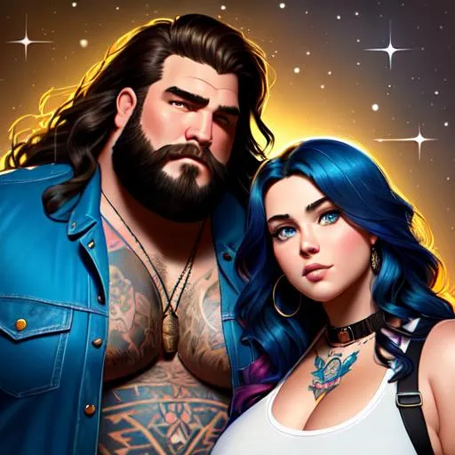 Prompt: Professional painting of (((grungy heavyweight man and heavyweight woman, round faces, chubby faces))), ((blue long wavy hair for woman)), ((brown long wavy hair for man)), tattoos, collar, 80's aesthetic, Disney, pixar, rainbow, space, high detail, intricate, elegant, sharp focus, by Jeremy Mann, Rutkowski, and other Artstation illustrators, intricate details, face,  full body portrait, headshot, illustration, UHD, 4K