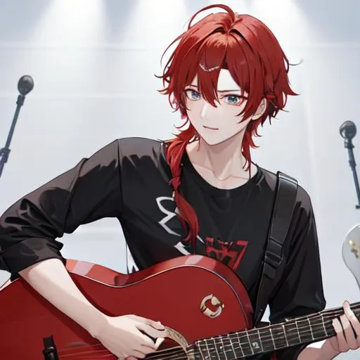 Prompt: Zerif 1male (Red side-swept hair covering his right eye) playing the guitar at a concert, UHD, 8K, highly detailed