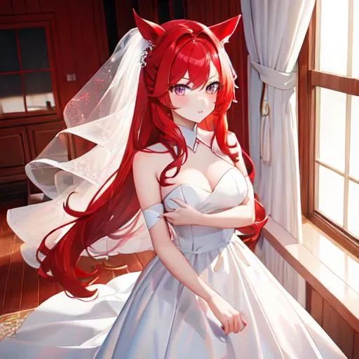 Prompt: Haley as a horse girl with bright red side-swept hair, selfie, upset, wearing a white wedding dress