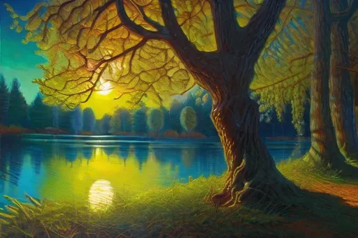 Prompt: The lake through the trees in the moonlight. Oil on canvas, Van Gogh, Michael Whelan, Renoir, Micheal Cheval, light reflections, LSD, Acid influence, RHADS, Trending on Artstation, Bright Vivid Colors, Polished, Masterful Surrealism, Photorealistic, Cel-shaded, digital illustration, unreal engine, 64k, high definition, light, depth of scale, atmospheric, luminous, iridescent, glowing, octane render, psychedelic art, pastel, very thick paint, brush strokes, Nikon D850 elegant oil on canvas very attractive beautiful dynamic lighting award winning fantastic view hyperrealistic 4K 3D high definition crisp quality Unreal Engine colourful hdr Van Gogh surreal Alex Alemany