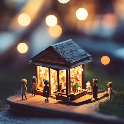 Prompt: tiny wooden outside cafe, tiny wooden people drinking, dining, dancing, string lights, dark night



