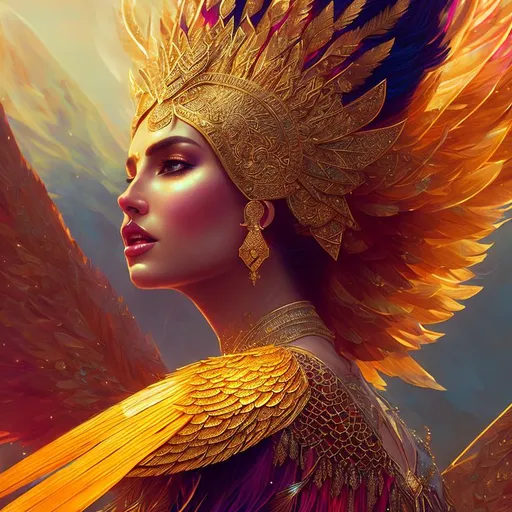 Prompt: Portrait of A beautiful harpia woman, wearing warrior Intricate legendary Golden armor, beautiful redish gradient iridescent feathers, sharp focus, intricate, majestic, highly detailed, elaborate, cinematic, digital art, lens flare, octane render, fantasy,  in the style of Peter mohrbacher, tom bagshaw, david palumbo, Jacek yerka, Robert Oxley, android Jones, Georgia O'Keeffe, Anato Finnstark