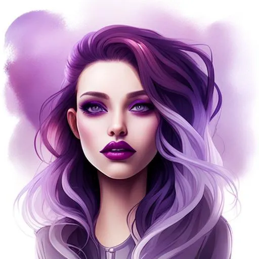 Prompt: A woman with purple hair, purple eyes, purple lips, purple clothes, facial closeup