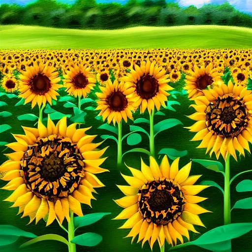 Prompt: Field of different colored Sunflowers- Bright Sun Shining- Summer Breeze- Realistic Impression Art
