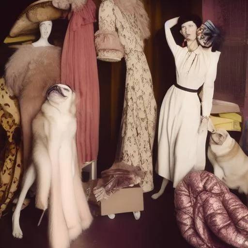 Prompt: Vogue fashion editorial beauty story model schaparielli Dora Marr Maggie Maurer mountain of clothes . Hoarders house. Beauty. Dada. mannequins. White pug. MOMA. Gertrude stein Peggy Guggenheim. Venice. New York. London. Paris. Milan. Dali. Absolutely fabulous. Christian Dior. 