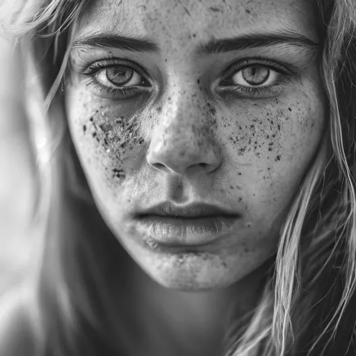 Prompt: Womans face in black and white portrait but her eyes in color close up shot with sadness in eyes