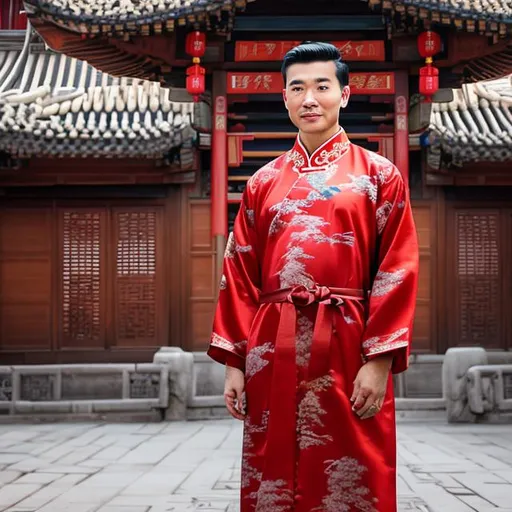 Prompt: An Asian wearing a necktie over a traditional Chinese robe, Hanfu, the person is wearing a mix of western wear and East Asian attire, the person is wearing a fancy fez, the person is surrounded by domed buildings with Chinese roofs, landscape, realistic, photograph