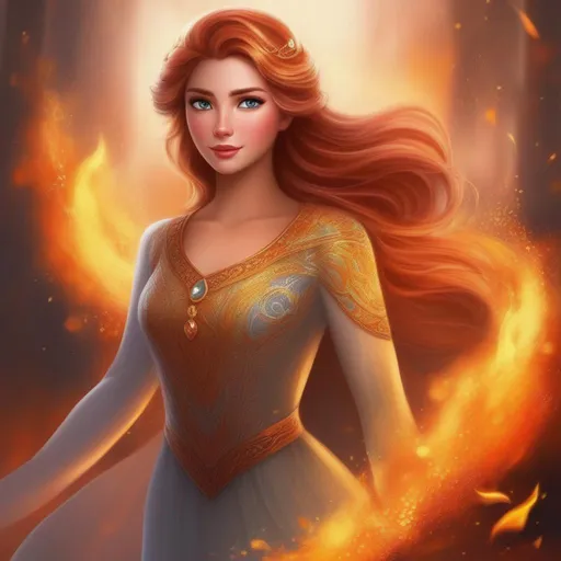 Prompt: elsa's fire-weilding cousin with a redish color scheme with brown hair and brownish yellow eyes