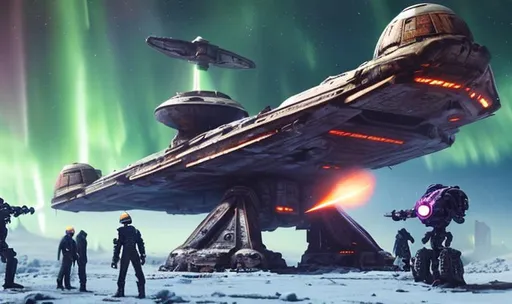 Prompt: huge old rusty spaceship getting repaired  by robots ice planet sparks fire welding people working aurora many colours   guard drinking milk enhance detail turret on spaceship real soldier thin landing gears symmetrical ship laser warzone dead body's on ground ships exploding in sky thicker spaceship