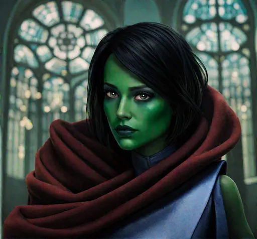 Prompt: an image of a young feminine miralan character. a green eastern european female mandalorian, green skinned green girl with green skin, jet black lips, jet black lipstick, extremely short messy jet black bob undercut hair, bright yellow glowing eyes, moles, freckles, beauty marks, huge long hooked aquiline grecian nose. warrior wearing a jet black mandalorian armour in style of the mandalorian, green woman with green skin, in style of a star wars movie. green tan, revealed open green belly, reveals green skin, green arm, green legs, green torso, green neck, green shoulders, green hands, green feet, blushing cheeks, holding a mandalorian helmet under her armpit, mandalorian chestpiece, cape in the back falling over shoulders, 2d art. 2d. she-hulk