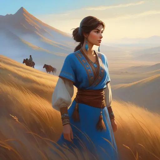 Prompt: Third person, gameplay, ancient Turkic girl, pale skin, brown hair, brown eyes, steppe, fog, blue atmosphere, cartoony style, extremely detailed painting by Greg Rutkowski and by Henry Justice Ford and by Steve Henderson 