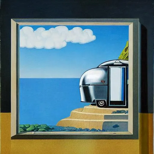 Prompt: Rene Magritte inspired painting of an Airstream backing up into a spot with a view of a waterfall 