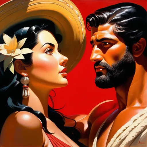 Prompt: King Leonidas impregnating Mexican-American girl, pale olive skin, black hair, brown eyes, 1940s, Los Angeles, sunny hot weather, warm atmosphere, cartoony style, extremely detailed painting by Greg Rutkowski and by Henry Justice Ford and by Steve Henderson 

