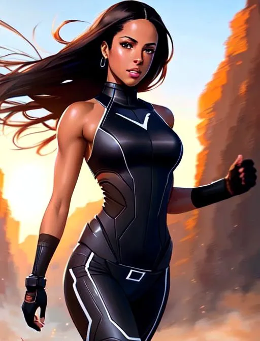 Prompt:  Aaliyah Dana Haughton running, happy, sleeveless, brown hair, brown eyes, battlefield, ethereal, black mech suit, jewelry set balayage straight hair, royal vibe, highly detailed, digital painting, Trending on artstation , HD quality, tan skin,artgerm,  by Ilya Kuvshinov 