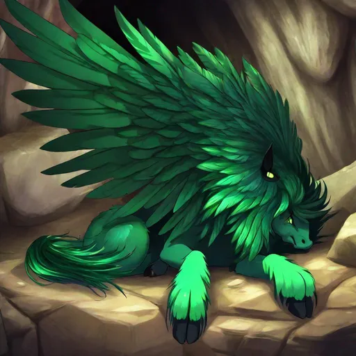 Prompt:  twisted pegasus animatronic hybrid, with focused emerald eyes. They identify as a Male. Emerald colored feathery wings and tail. dark Green ombre mane and tail. UHD, HD, 4K, green haze, green and black coat, anime, lying down in a cave, asleep, resting