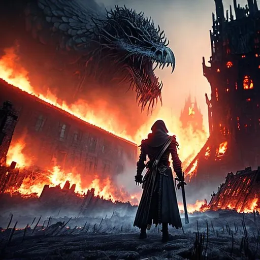 Prompt: Death wearing a cloak while holding a sword staring down at a village that was destroyed by a nuclear bomb. Realism. Black fog emerging from underneath deaths cloak. raven wings attached to deaths back. Burning village in the background. Burning corpses. Giant smoldering skeleton in the background holding human bodies.