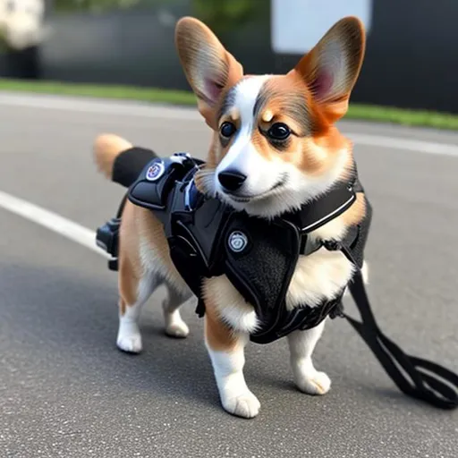 Prompt: A Corgi wearing spy gear, spy gear, blur the background, a fancy black car in the midground behind the dog, have a gun attached to the side of the dogs vest