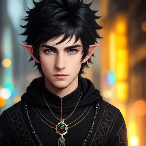 Prompt: A hyper realistic detailed character  thats (( young male)) poster ((full body)) image of a half-elf masked ((male)),  with ((cute jumper)) with ((black hair)) a gothic jumper, jewelry set, balayage wild hair, highly detailed, digital painting, Trending on artstation, HD quality, ((by Prywinko)), ((kind)), ((not a fighter)), boots named shadow