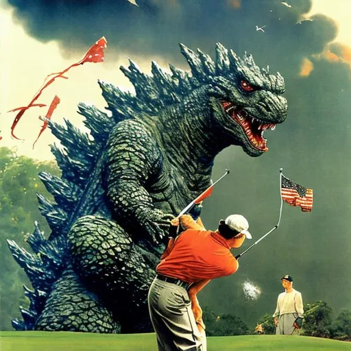 Prompt: Godzilla playing golf with Mothra Norman Rockwell photo