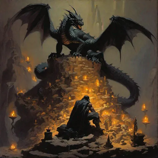 Prompt: Black Dragon sitting on top of a pile of treasure, regal looking, while an dark cloaked human thief is trying to sneak into the dragons lair. Illuminated by candles. painting. Frazetta style.
