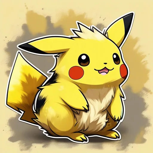 Prompt: chibi fluffy Pikachu, dark yellow and light yellow molted fur with a lemon mane that stretches from head to tail and pointy sharp legs, this creature is sweet and cheerful, black and yellow mottled background, Masterpiece, Best Quality, in watercolor painting art style