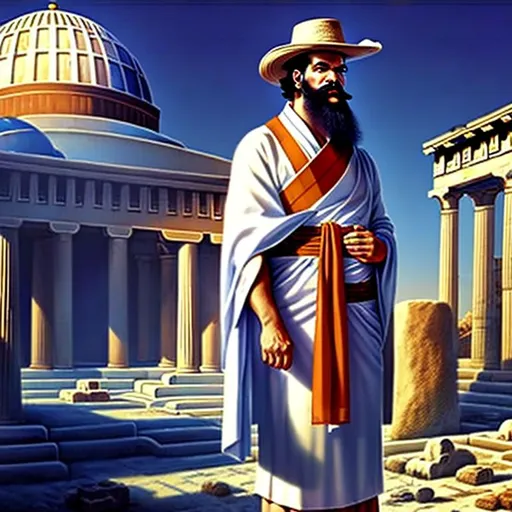 Prompt: A Greek wearing a necktie with a traditional toga, the person is wearing a ten-gallon hat, the area is surrounded by buildings with blue domes, landscape, realistic, photograph