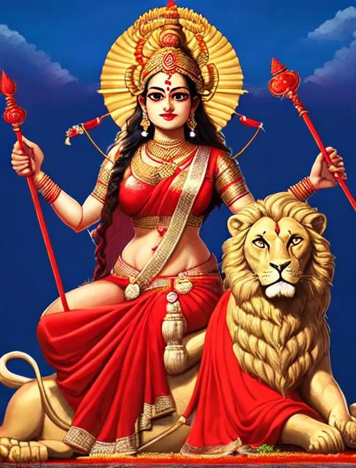 Prompt: Goddess Durga in red saree with trident in hand is sitting on a lion