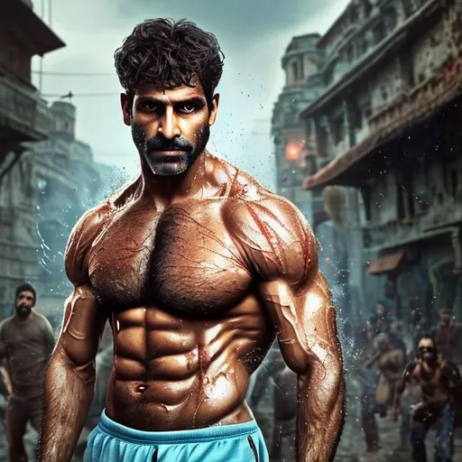 Prompt: a full scene of very sweaty hypermasculine irani army man with brown hair and with rugged handsome face wearing light blue sweatpants. very hansome thick wet chest and armpits, arena, perfect composition, hyperrealistic, super detailed, 8k, high quality, trending art, trending on artstation, sharp focus, studio photo, intricate details, highly detailed