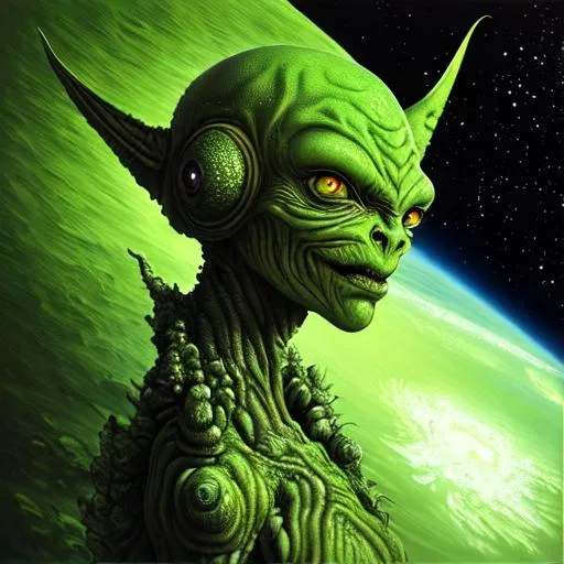 Prompt: hyperdetailed realistic portrait of a green alien walking towards you on a foreign planet in outerspace