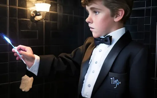 Prompt: Boy waring a polo in bathroom stall gets a magic spell cast on him by a 13 year old boy in a tuxedo who used his magic spell to cast the spell