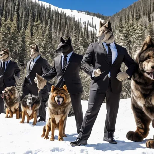 Prompt: Linnux the big buff anthro wolf is  wearing black business suit, and a group of wolfpacks are wearing business suit uniform are invaded at Snow mountain against Khampa the anthro mastiff dog, on "Rock dog style"