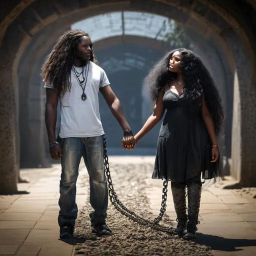 Prompt: Black man with long locks holding hands with a black woman with long hair, they are both chained to the concrete ground in a fantasy harry potter type of background 4k quality, full body Nikon photography shot, shackles on ancle 