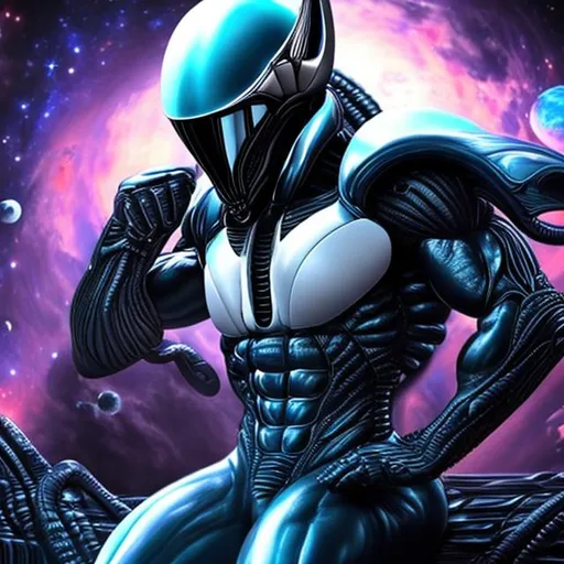 Prompt: xenomorph bodybuilder, sitting on a couch, in space