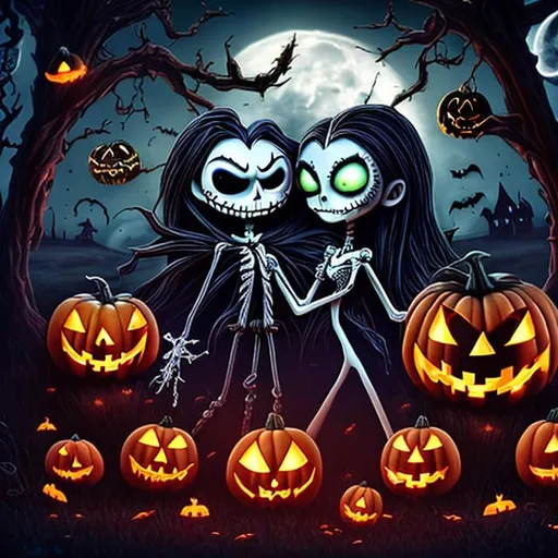 Prompt: Jack Skeleton and Sally in Moonlit jack-o-lantern Patch, Cinematic, 64k, Realistic, Halloween, UHD, vivid color, Movie grade, Tim Burton style, Claymation, 3D, 

